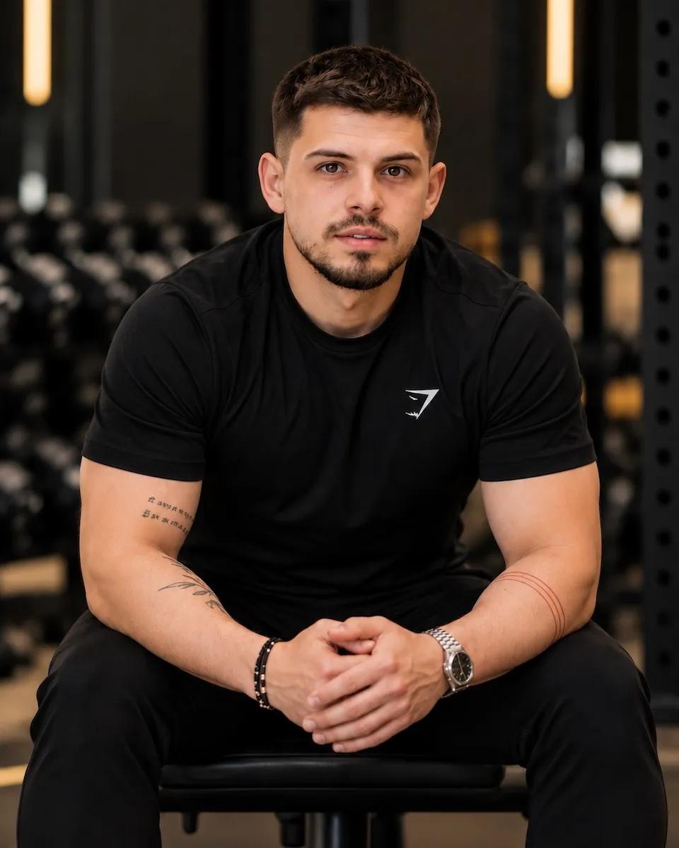 Portrait of Coach Trey with boxing pads and a kettlebell